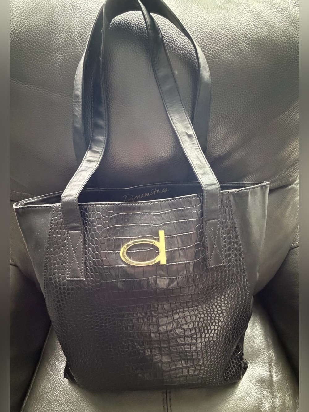 Dynamite Black Croc-Embossed Tote with Gold 'd' Accent
